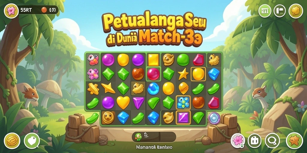 Screenshot gameplay 55RT menampilkan warna-warni dan kombinasi Match-3 yang seru.