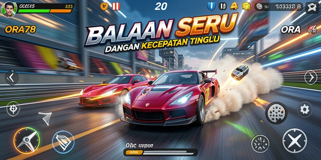 Screenshot gameplay ORA78 yang menunjukkan aksi balapan seru.