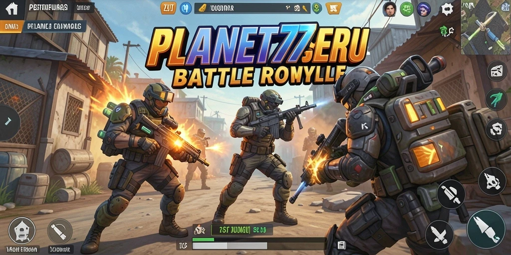 Tangkapan layar utama PLANET77 menampilkan aksi seru dalam medan pertempuran Battle Royale.