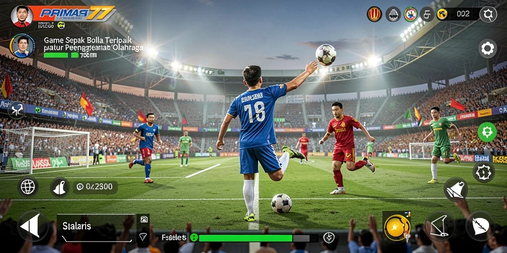 Tangkapan layar dari gameplay seru PRIMA77 menunjukkan aksi sepak bola yang mendebarkan.