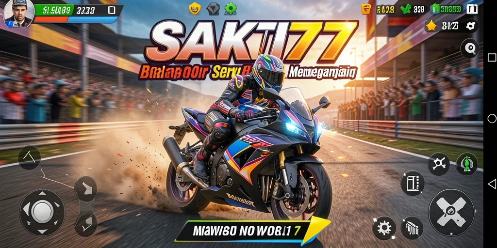 Screenshot gameplay SAKTI77 yang menampilkan aksi balap motor mendebarkan.