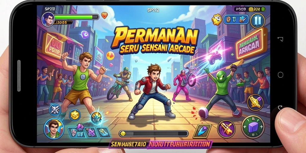 Screenshot SP212 menampilkan gameplay menarik dalam suasana arcade yang penuh warna.