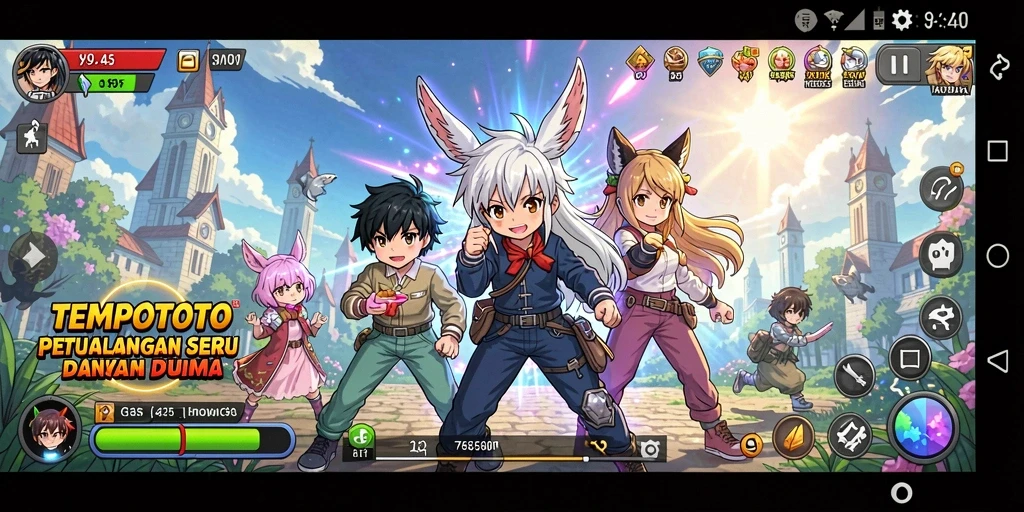 Screenshot TEMPOTOTO menampilkan karakter Anime dalam pertempuran seru.