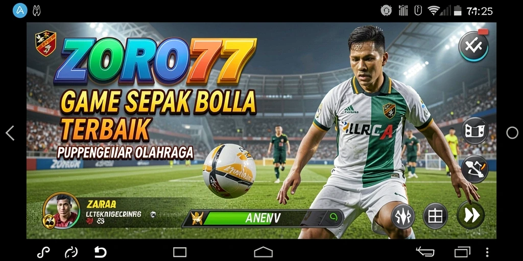 Screenshot ZORO77 menampilkan pemain dalam aksi di lapangan sepak bola.